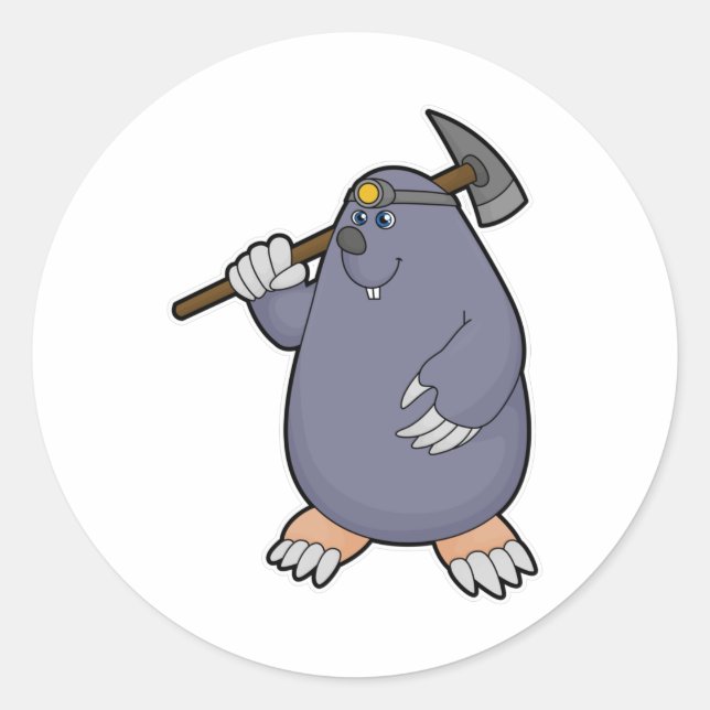 Mole as Farmer with Pickaxe & Spotlight Classic Round Sticker (Front)