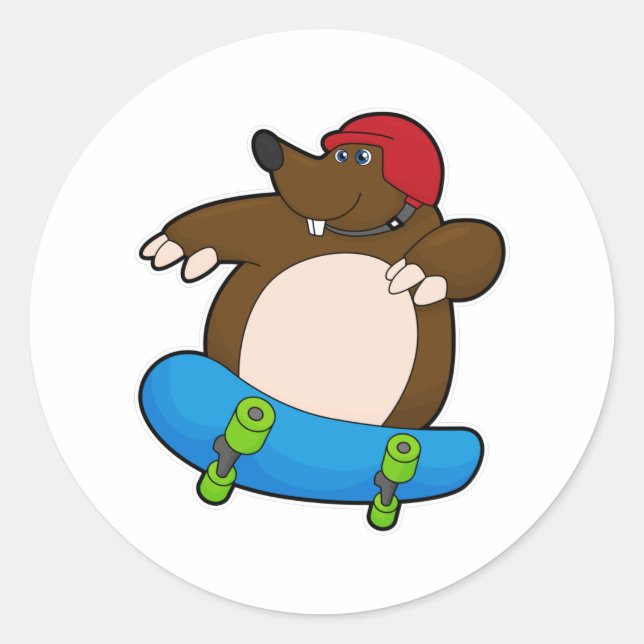 Mole as Skater with Skateboard & Helmet Classic Round Sticker (Front)