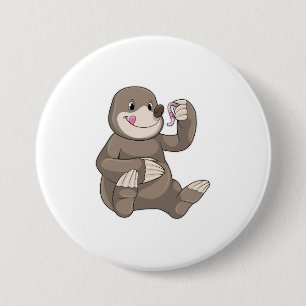 Mole with Earthworm 7.5 Cm Round Badge