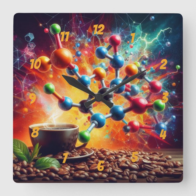 Molecular Caffeine Structure - Science Art Coffee Square Wall Clock (Front)