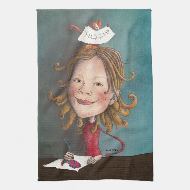 Mollie and the cat tea towel (Vertical)