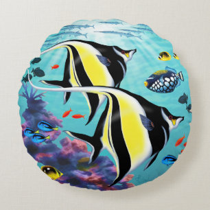 Molokini Cove Hawaiian Angel Fish Reversible Round Cushion