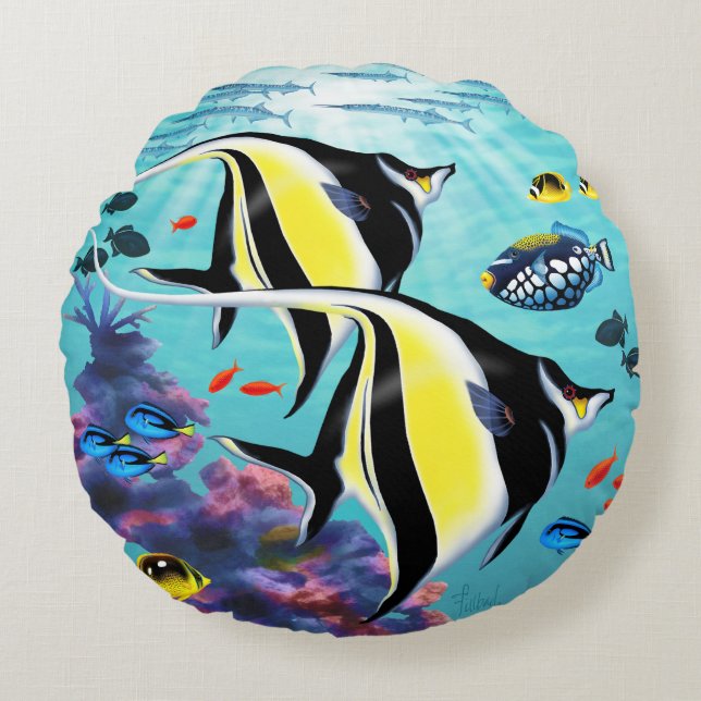 Molokini Cove Hawaiian Angel Fish Reversible Round Cushion (Front)