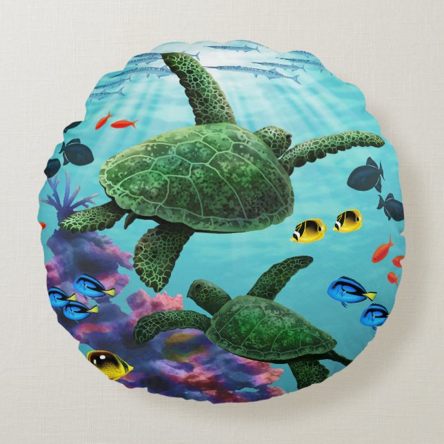 Molokini Cove Hawaiian Sea Turtles Reversible Round Cushion (Front)