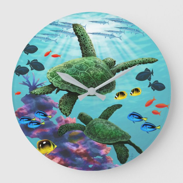 Molokini Cove Hawaiian Sea Turtles Tropical Large Clock (Front)