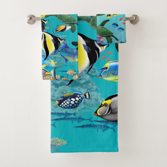 Molokini Cove Hawaiian Tropical Fish Sea Turtle Bath Towel Set (Insitu)