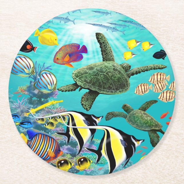 Molokini Cove Hawaiian Tropical Fish Sea Turtle Round Paper Coaster (Front)