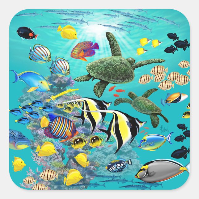 Molokini Cove Hawaiian Tropical Fish Sea Turtle Square Sticker (Front)