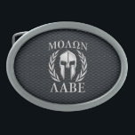 Molon Labe Chrome Like Spartan Helmet on Grille Belt Buckles<br><div class="desc">A Spartan warrior armour Molon Labe laurels mask expression silver chrome like graphic on a fine custom gift idea. Come and get them! Here's a selection of custom Molon Labe designs available on fine embroidered gear and gift ideas for everyone. Use the "Ask this Designer" link to contact us with...</div>