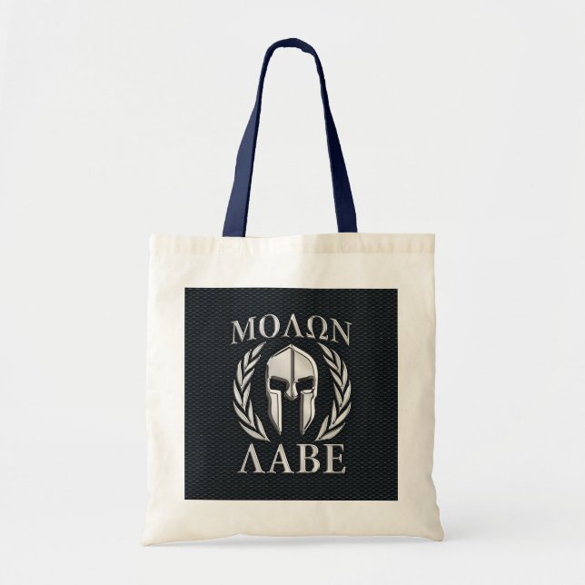 Molon Labe Chrome Like Spartan Helmet on Grille Tote Bag (Front)