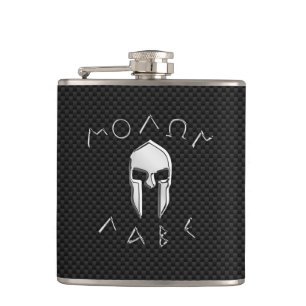 Molon Labe Chrome Spartan Helmet on Carbon Fibre Hip Flask