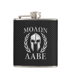 Molon Labe Chrome Spartan Helmet on Carbon Fibre Hip Flask