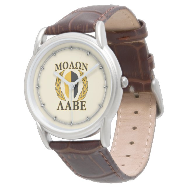 Molon Labe Spartan Helmet Laurels Warm Beige Watch (Angled)