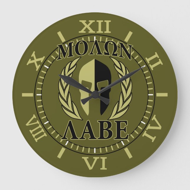 Molon Labe Spartan Mask Laurels Olive Green Dial Large Clock (Front)