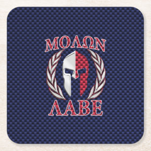 Molon Labe Warrior Mask Blue Carbon Fibre Print Square Paper Coaster