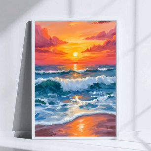Molten Horizon Ocean Waves Sunset Watercolor Poster
