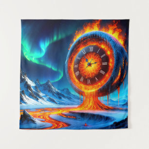 Molten Lava Clock Above Snowy Peaks Tapestry