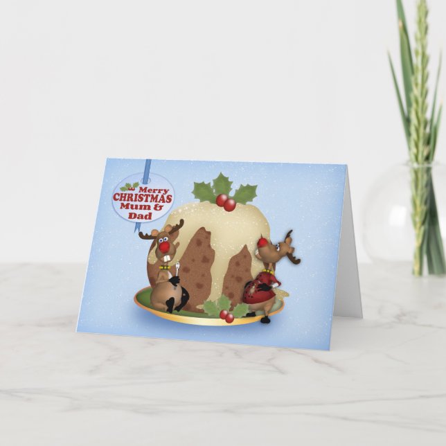 Mom And Dad Christmas Card With Pudding & Reindeer (Front)