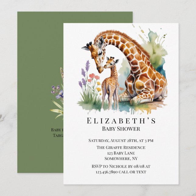 Mom and Me Watercolor Giraffe Baby Shower Invitation (Front/Back)