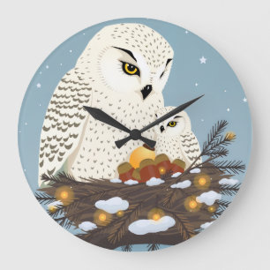 Mom and owlet ready for Christmas Large Clock