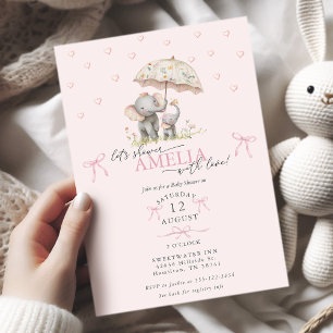 Mom & Baby Elephant with Umbrella Baby Girl Shower Invitation