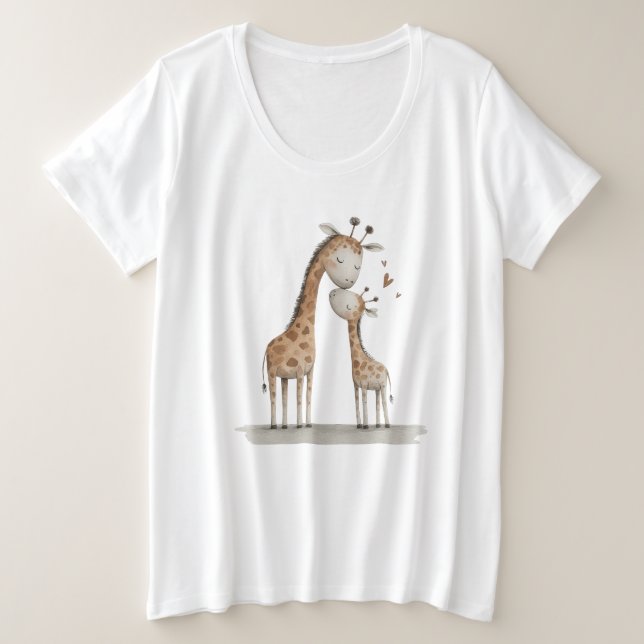 Mom & Baby Giraffe Cute Illustration Plus Size T-Shirt (Design Front)