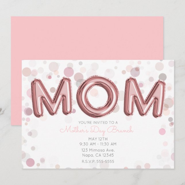 MOM Balloons Mother's Day Brunch Modern Pink Grey Invitation (Front/Back)