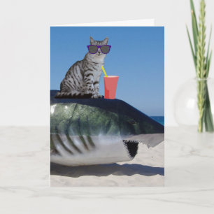 MOM BIRTHDAY CAT ON BEACH SHARK CARD