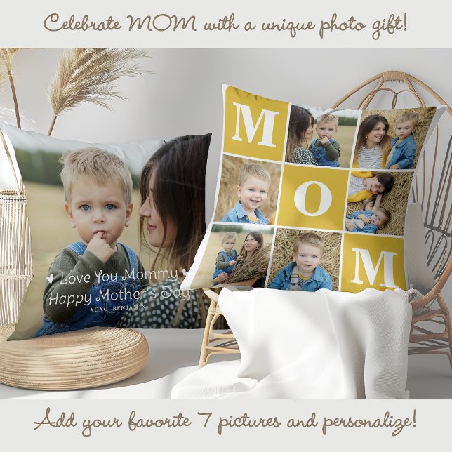 MOM Custom Cute 7 Photo Collage Marigold Yellow Cushion (Creator Uploaded)
