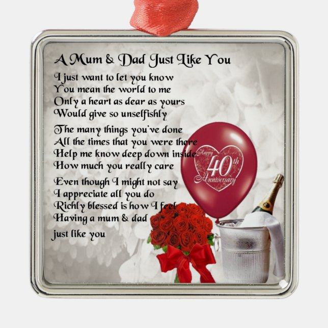 Mom & Dad Poem - 40th Wedding Anniversary Metal Tree Decoration (Front)