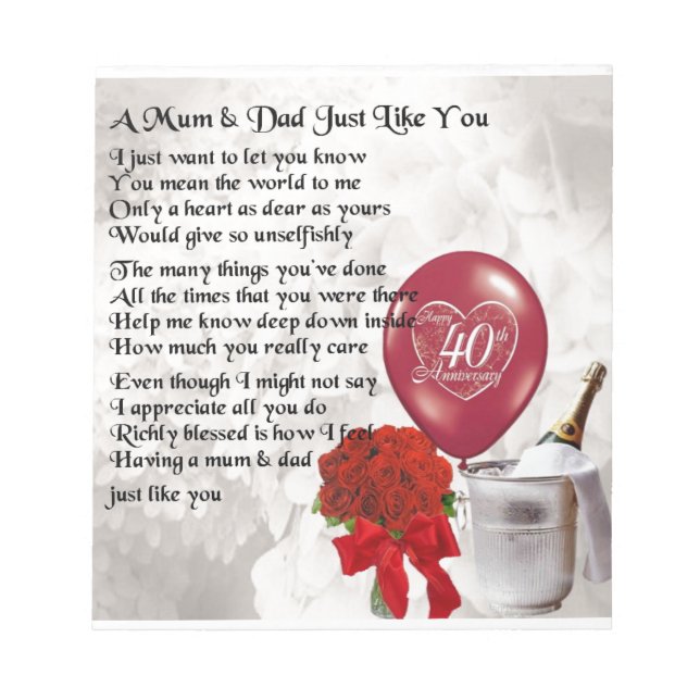 Mom & Dad Poem - 40th Wedding Anniversary Notepad (Front)