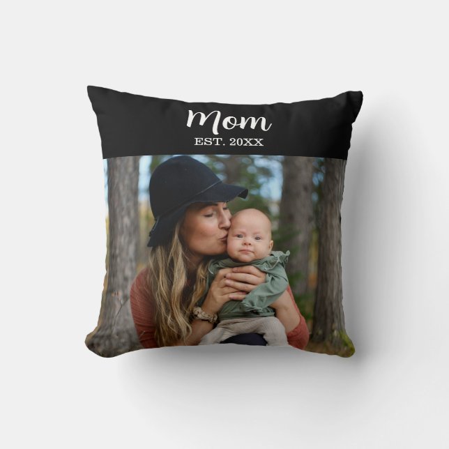 Mom Est. Script Photo Throw Pillow (Front)