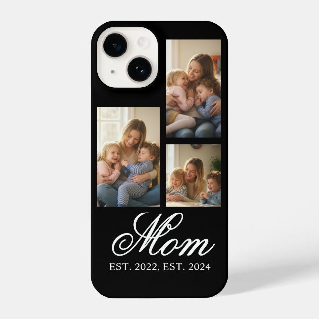 Mom Established Black Elegant Script 3 Photo iPhone Case (Back)