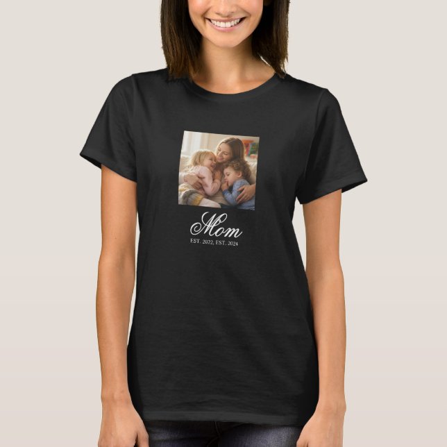 Mom Established Black Elegant Script Photo T-Shirt (Front)
