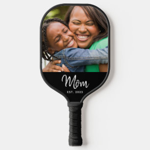 Mom Established Black Fun Modern Script Photo  Pickleball Paddle