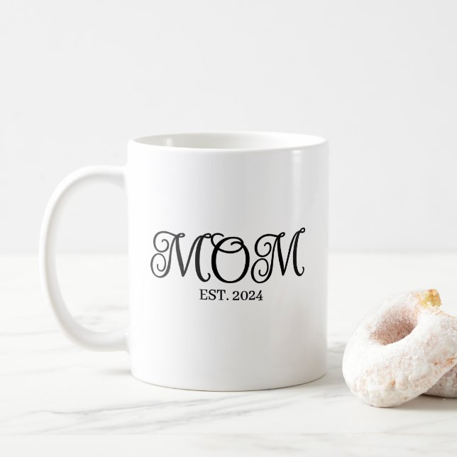 Mom Established Black Modern Elegant Script Coffee Mug (With Donut)