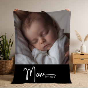 Mom Established Black Modern Minimal Script Photo Fleece Blanket