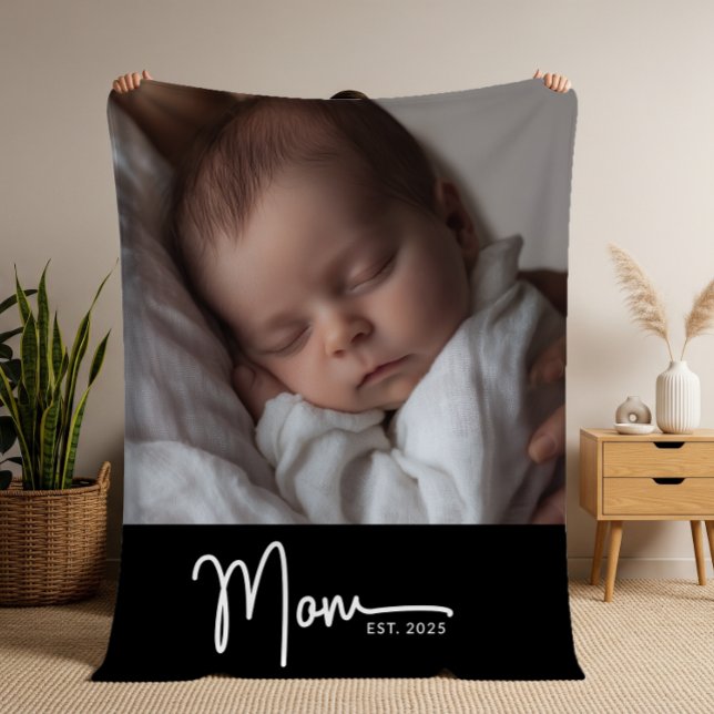 Mom Established Black Modern Minimal Script Photo  Fleece Blanket (Celebrate her first year of motherhood in cozy style.)