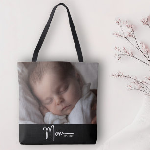 Mom Established Black Modern Minimal Script Photo Tote Bag