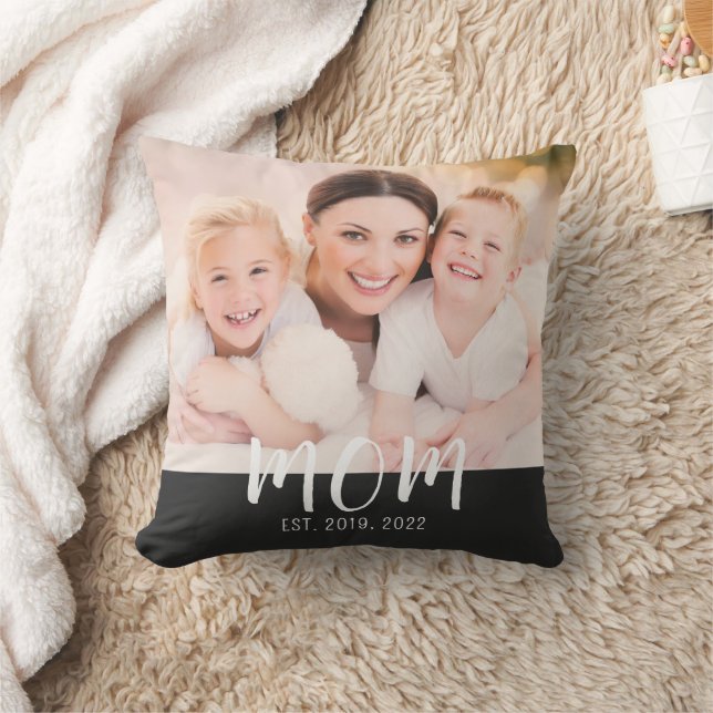 Mom Established Black Modern Script Photo Cushion (Blanket)