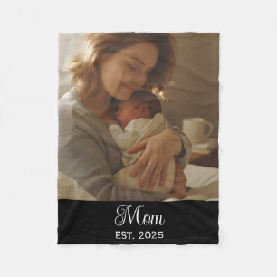 Mom Established Black Modern Script Photo Fleece Blanket