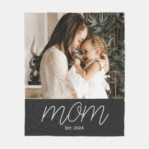 Mom Established Black Modern Script Photo Fleece Blanket