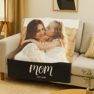 Mom Established Black Modern Script Photo Fleece Blanket