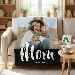 Mom Established Black Modern Script Photo Fleece Blanket