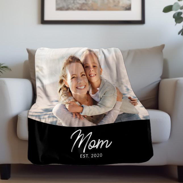 Mom Established Black Modern Script Photo Fleece Blanket (Creator Uploaded)