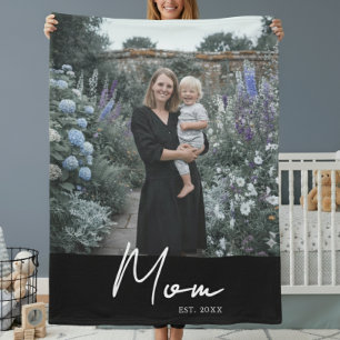 Mom Established Black Modern Script Photo Fleece Blanket