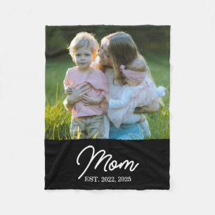 Mom Established Black Modern Script Photo Fleece Blanket