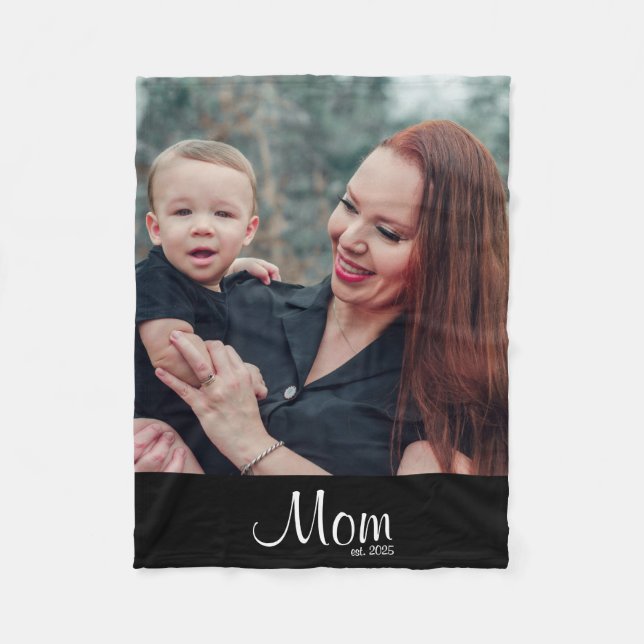 Mom Established Black Modern Script Photo Fleece Blanket (Front)