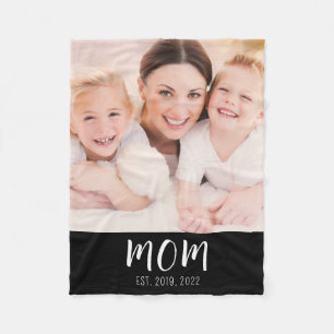 Mom Established Black Modern Script Photo Fleece Blanket