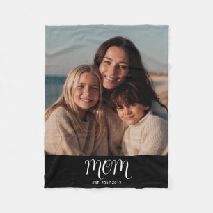 Mom Established Black Modern Script Photo  Fleece Blanket